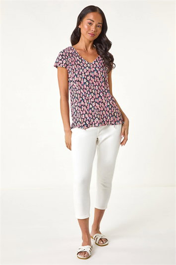 Petite Floral Print Crinkle V-Neck Top 19389472