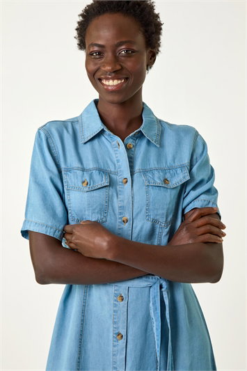 Embroidered Denim Shirt Dress in Denim - Roman Originals UK
