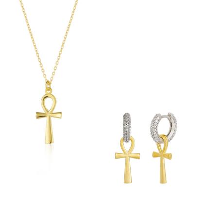 Metallic Sterling Silver Egyptian Ankh Necklace And Earring Set