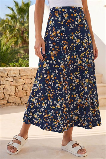 Blue Ditsy Floral Print Elastic Waist Midi Skirt