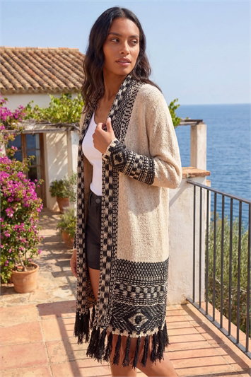 White Nordic Pattern Fringe Detail Cardigan
