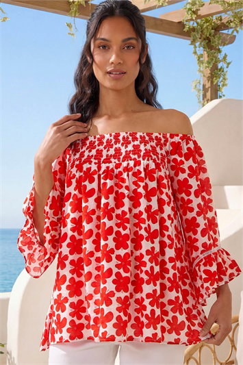 Red Floral Print Bardot Top