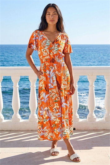 Petite Leaf Print Shirred Midi Dress 14745464