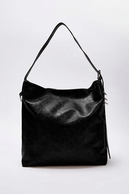 Black Wrinkled Faux Leather Belt Buckle Pouch Shoulder Bag