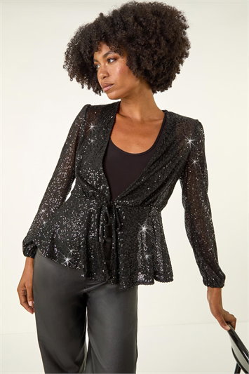 Black Sequin Tie Front Stretch Top