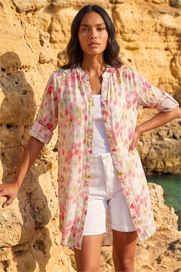 Pink Floral Print Longline Blouse