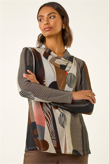 Brown Abstract Print Snit Top