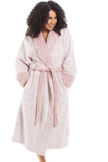 Pink Deep Pile Robe With Reverse Collar And Cuffs
