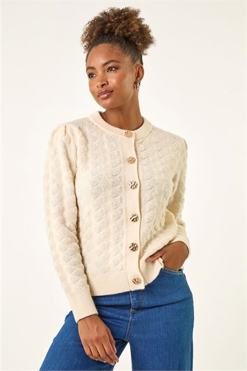 White Textured Buttoned Knit Cardigan