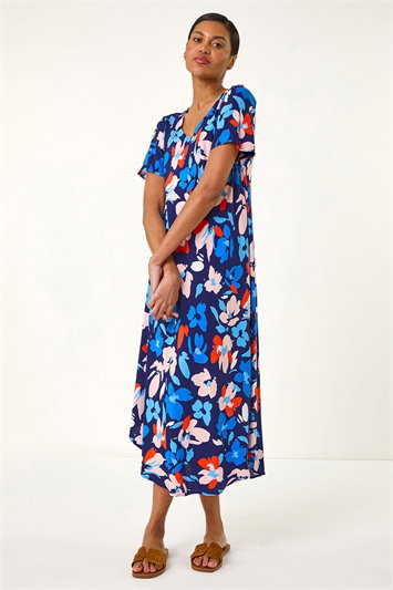 Blue Floral Asymmetric T-Shirt Dress