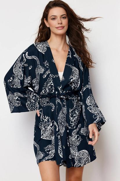 Multi Animal Print Belted Viscose Woven Dressing Gown