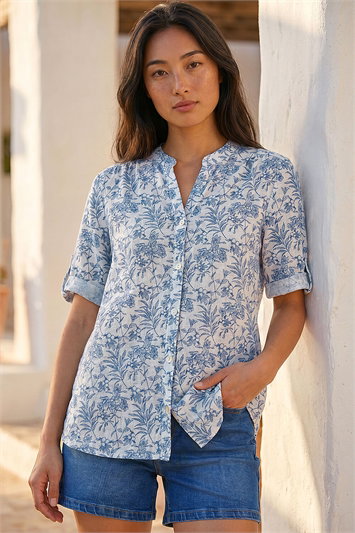Blue Petite Print Button Up Front Blouse