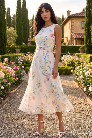 White Petite Floral Gathered Waist Midi Dress