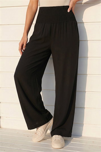 Black Shirred Wide Leg Trouser