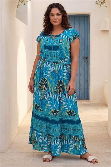 Blue Curve Tropical Tie Neck Dress