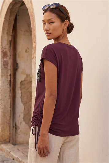 Sequin Pocket Side Ruched T-Shirt 19454415