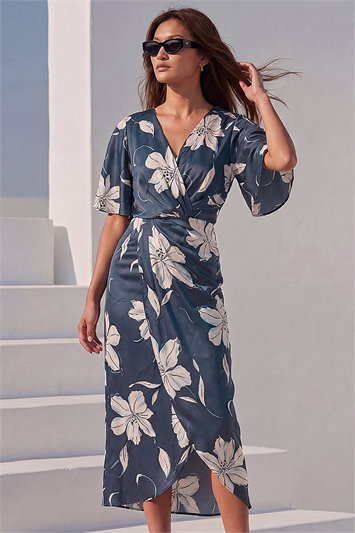 Blue Floral Print Wrap Twist Dress