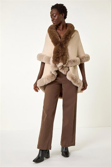Contrast Faux Fur Trim Cape 16200659