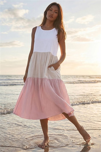 Colour Block Tiered Linen Blend Midi Dress 14701546