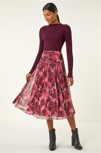 Rose Print Mesh Layered Skirt 17072078