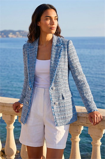 Blue Frayed Edge Boucle Check Jacket