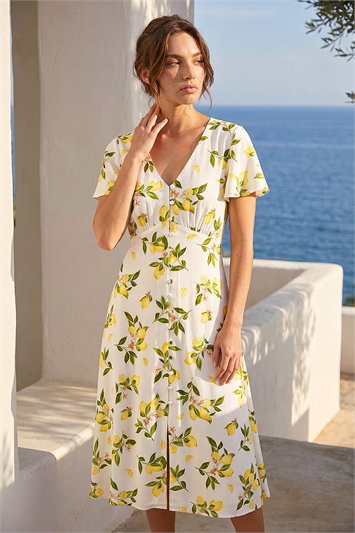White Petite Lemon Print Button Tea Dress
