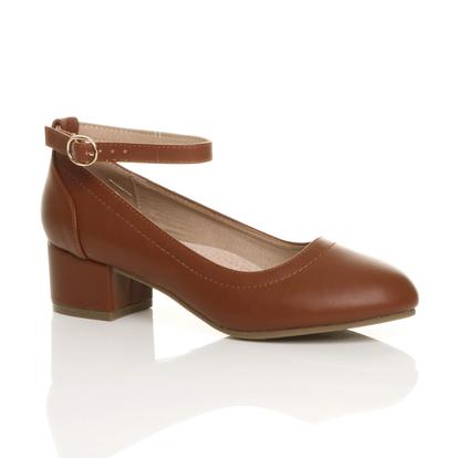 Black Low Block Heel Ankle Strap Court Shoes