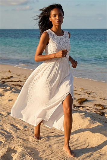 White Crochet Bodice Midi Dress