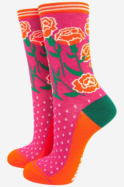 Orange Carnations Floral Bamboo Socks