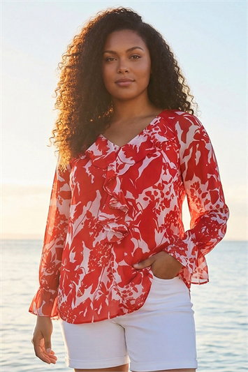 Red Curve Floral Frill Front Top