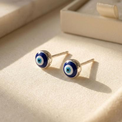 Metallic Turkish Evil Eye Nazar Protective Silver Stud Earrings