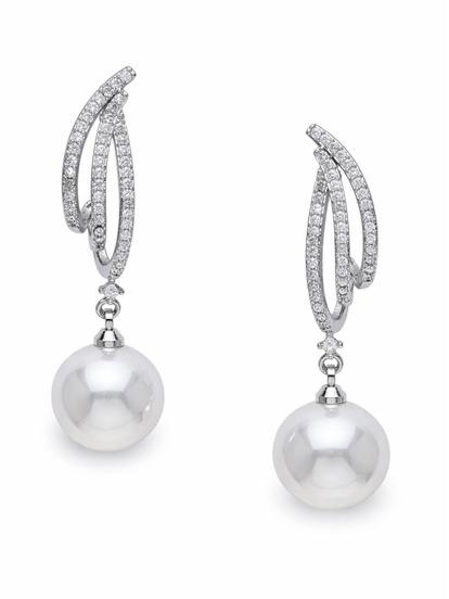 Metallic Curved Pavé Pearl Drop Earrings