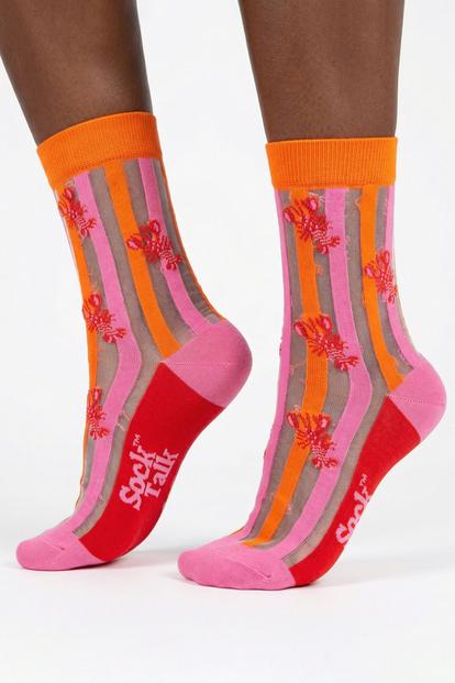 Multi Lobster Stripes Combed Cotton Sheer Pop Socks In Pink/Red