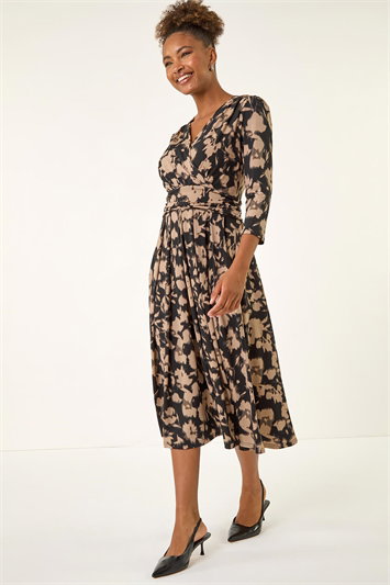 Abstract Floral Print Wrap Midi Dress 14819890