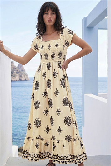 White Broderie Shirred Maxi Dress