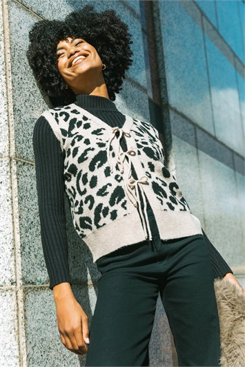 Brown Animal Print Tie Front Knit Top