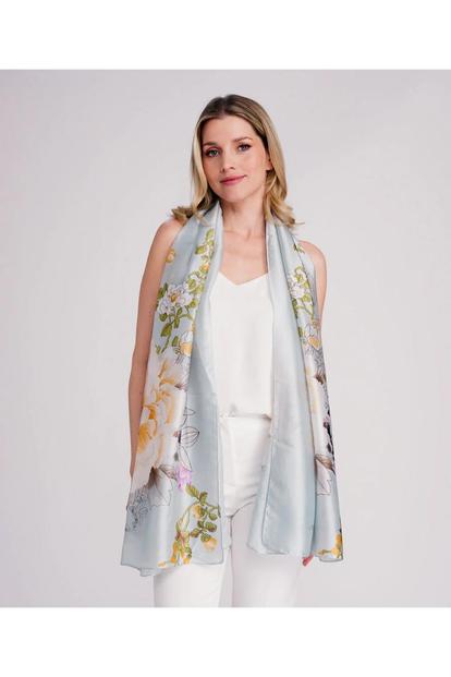 Blue Rosalyn - Abstract Floral Print Chiffon Scarf - Powder Blue
