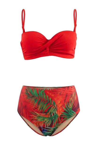 Multi Tropical Print Draped Bandeau High Waisted Bikini Set