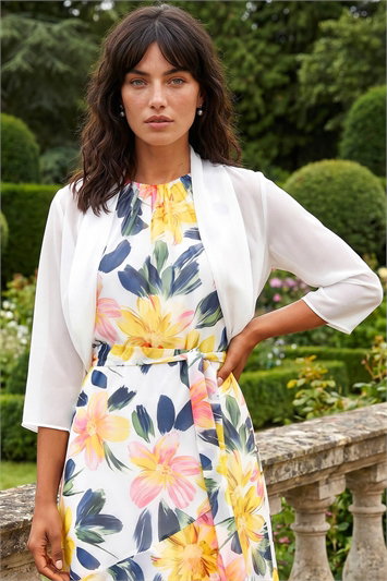 White 3/4 Sleeve Ruched Hem Chiffon Bolero