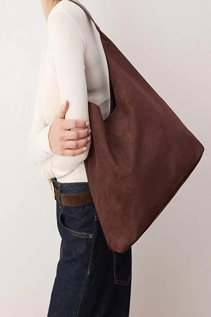 Brown Women's Faux Suede Hobo Shoulder Bag With Matching Zip Pouch