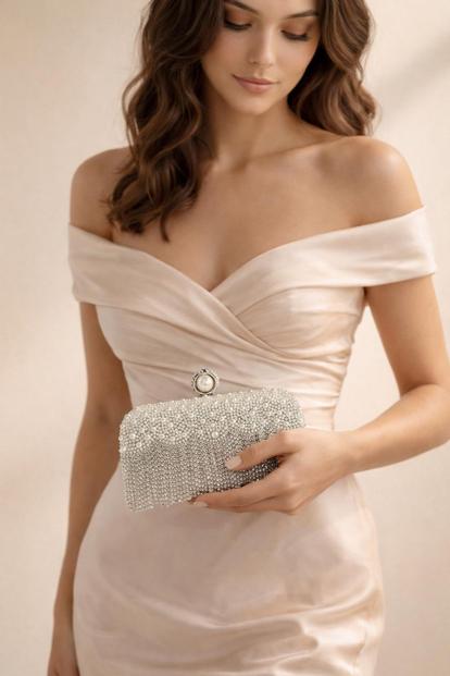 Metallic Vintage Pearl And Diamante Clutch Bag