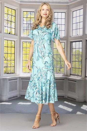 Blue Julianna Floral Bias Cut Godet Hem Dress