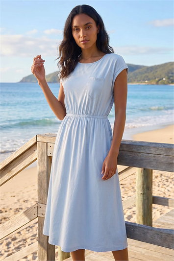 Blue T-Shirt Pocket Detail Midi Dress