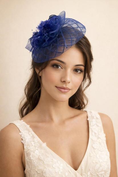 Blue Feather Floral Mesh Fascinator In Navy