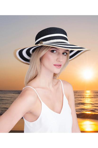 Black Samara - Striped Wide Brim Straw Hat