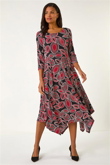 Red Leaf Print Hanky Hem Stretch Midi Dress