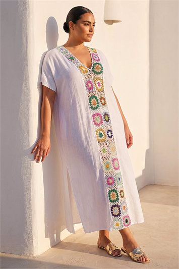 White Curve Crochet Detail Midi Dress