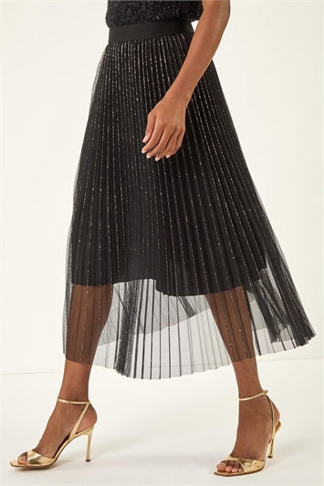 Black Shimmer Mesh Pleated Skirt