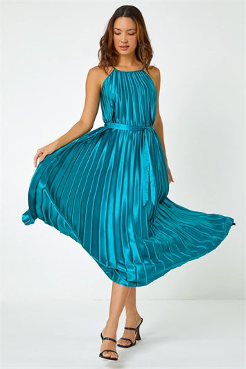 Sleeveless Pleated Halter Neck Midi Dress 14409830