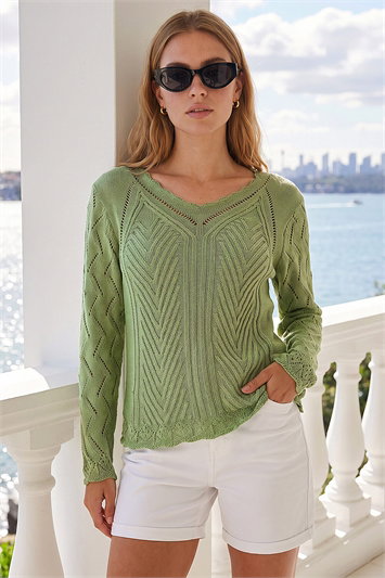 Green Scallop V-Neck Knit Jumper